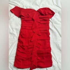 Lovers + Friends Red Ruched Off the Shoulder Bodycon Dress